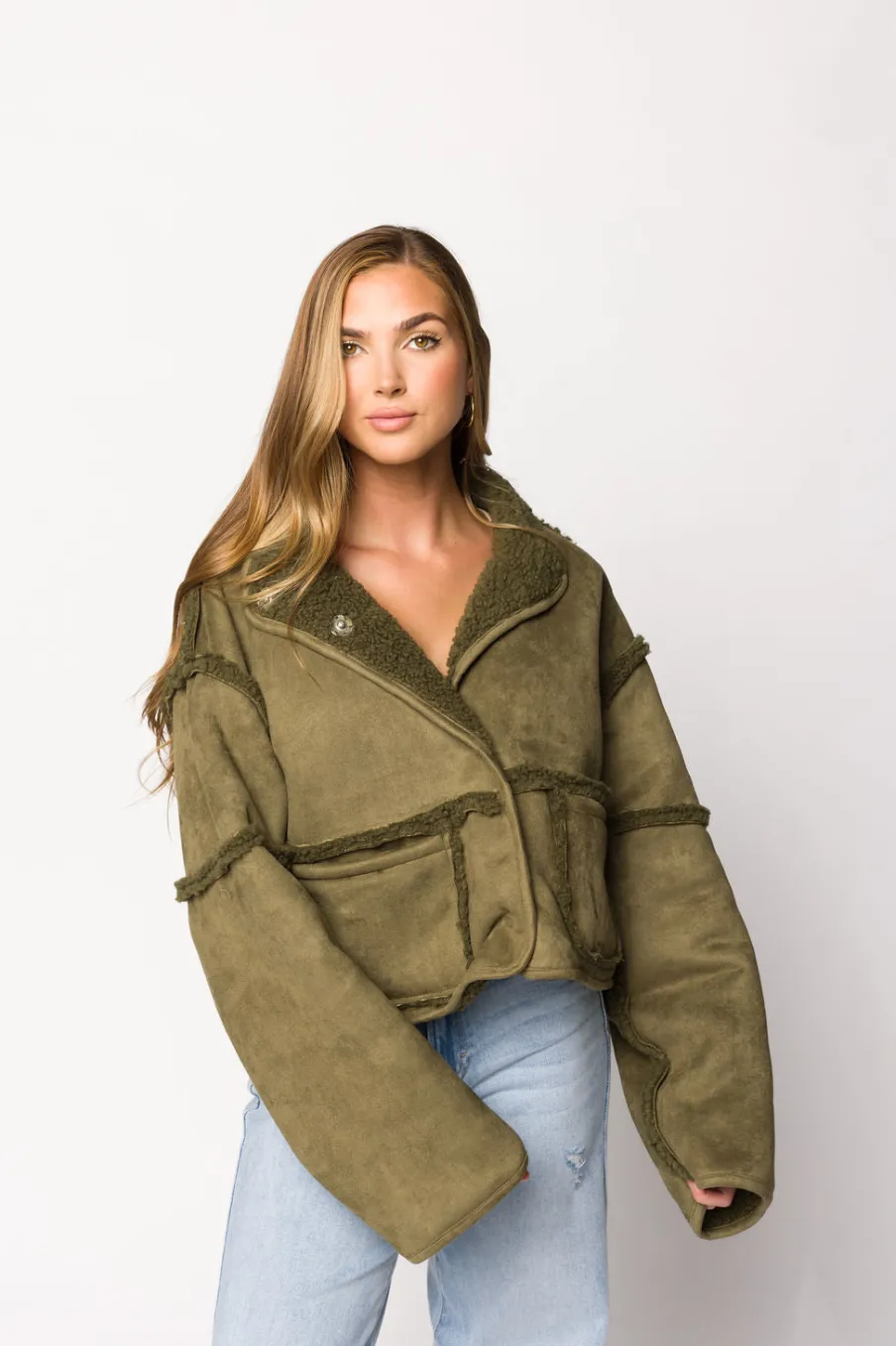 Sale Worth Collective Abby Sherpa and Suede Reversible Jacket in Olive