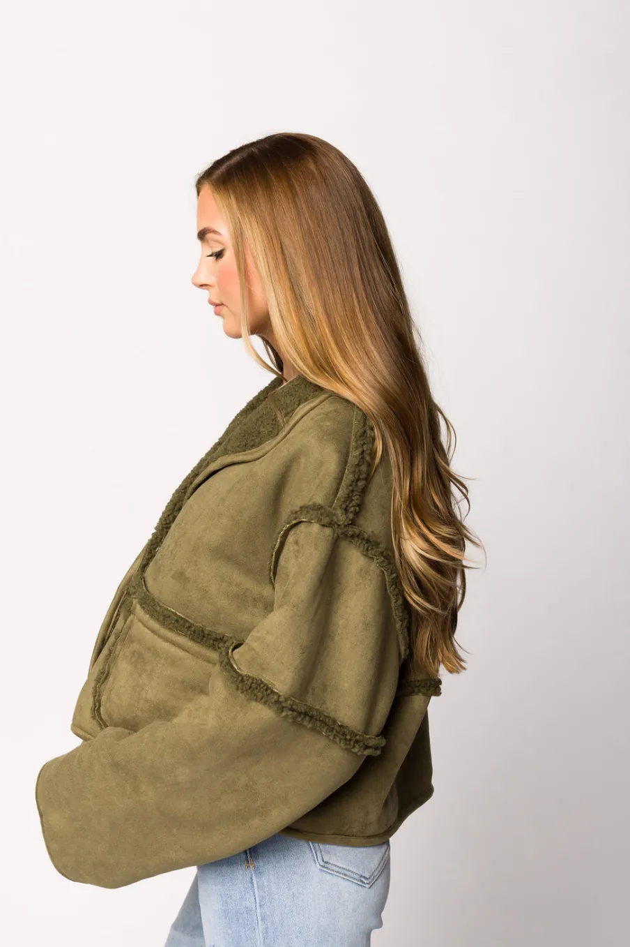 Sale Worth Collective Abby Sherpa and Suede Reversible Jacket in Olive