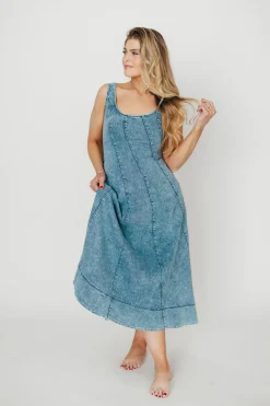 Fashion Worth Collective Abigail Sleeveless Denim Midi Dress in Denim Blue