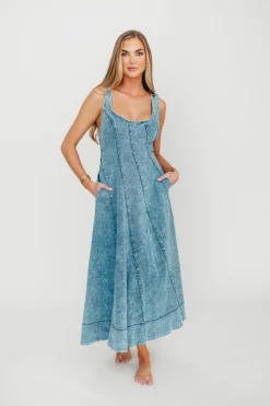 Fashion Worth Collective Abigail Sleeveless Denim Midi Dress in Denim Blue