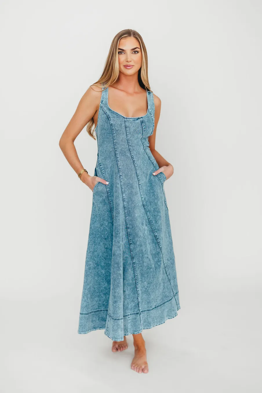Fashion Worth Collective Abigail Sleeveless Denim Midi Dress in Denim Blue