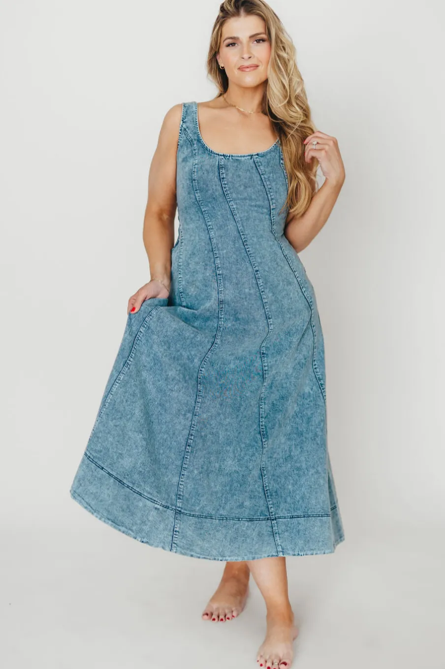 Fashion Worth Collective Abigail Sleeveless Denim Midi Dress in Denim Blue