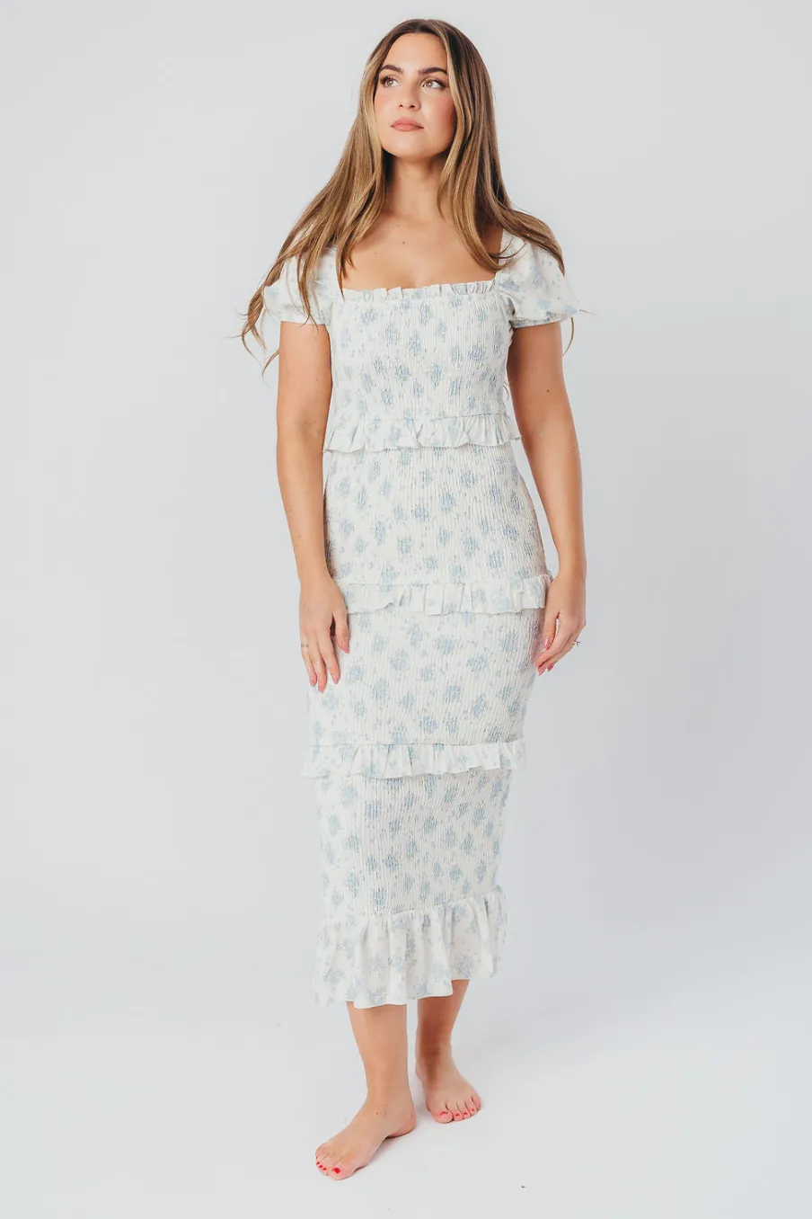 Sale Worth Collective Ada Smocked Dress in Blue Floral- Bump Friendly & Inclusive Sizing (S-