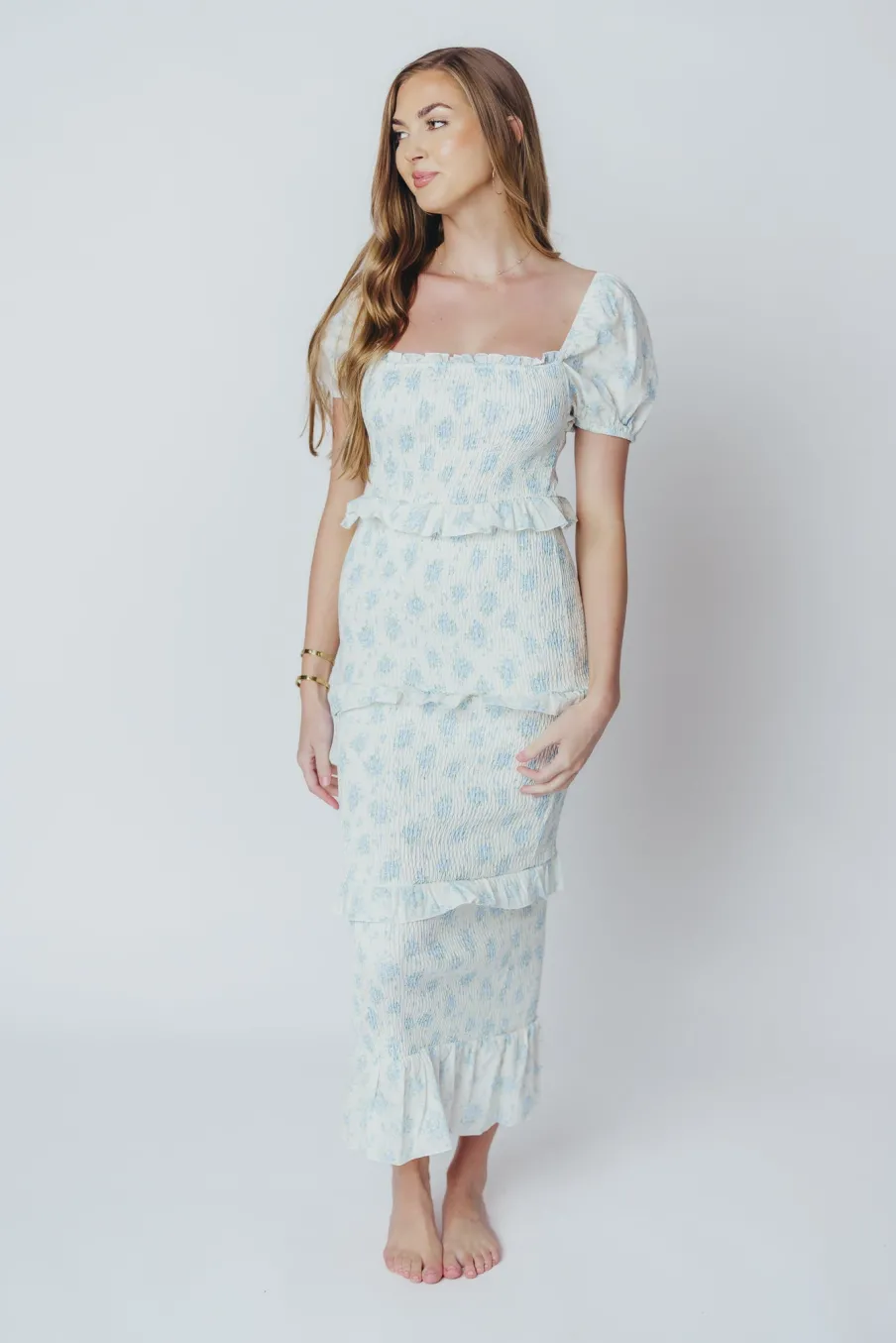 Sale Worth Collective Ada Smocked Dress in Blue Floral- Bump Friendly & Inclusive Sizing (S-