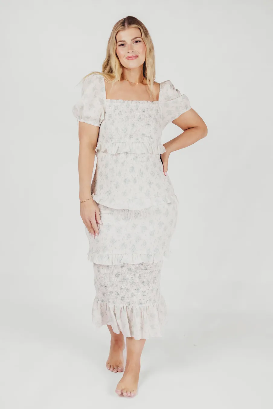 Sale Worth Collective Ada Smocked Dress in Blue Floral- Bump Friendly & Inclusive Sizing (S-