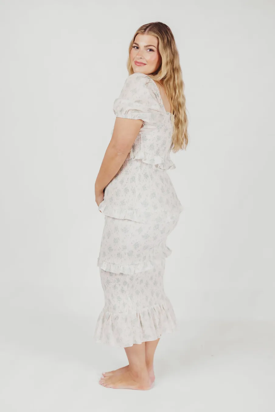Sale Worth Collective Ada Smocked Dress in Blue Floral- Bump Friendly & Inclusive Sizing (S-