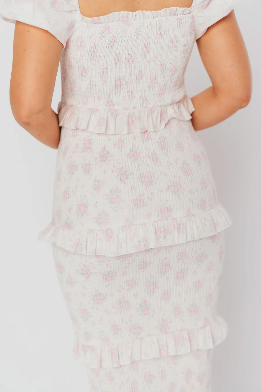 Online Worth Collective Ada Smocked Dress in Pink Floral- Bump Friendly & Inclusive Sizing (S-
