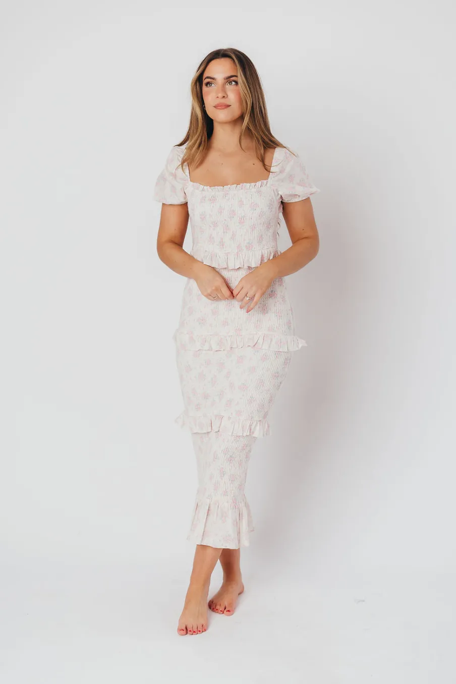 Online Worth Collective Ada Smocked Dress in Pink Floral- Bump Friendly & Inclusive Sizing (S-