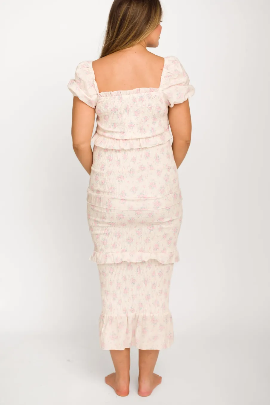 Online Worth Collective Ada Smocked Dress in Pink Floral- Bump Friendly & Inclusive Sizing (S-
