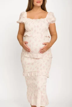 Online Worth Collective Ada Smocked Dress in Pink Floral- Bump Friendly & Inclusive Sizing (S-