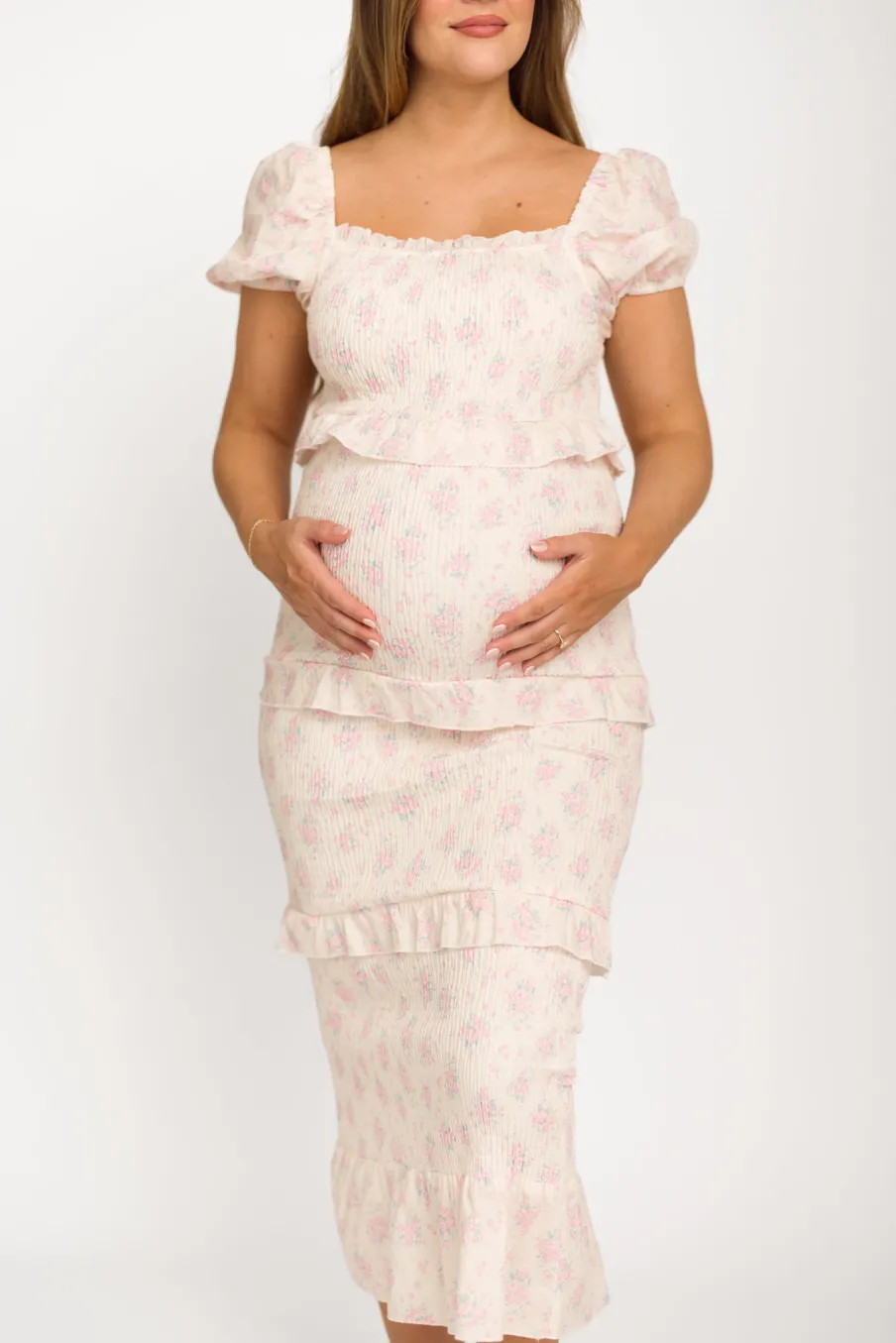 Online Worth Collective Ada Smocked Dress in Pink Floral- Bump Friendly & Inclusive Sizing (S-