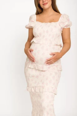 Online Worth Collective Ada Smocked Dress in Pink Floral- Bump Friendly & Inclusive Sizing (S-