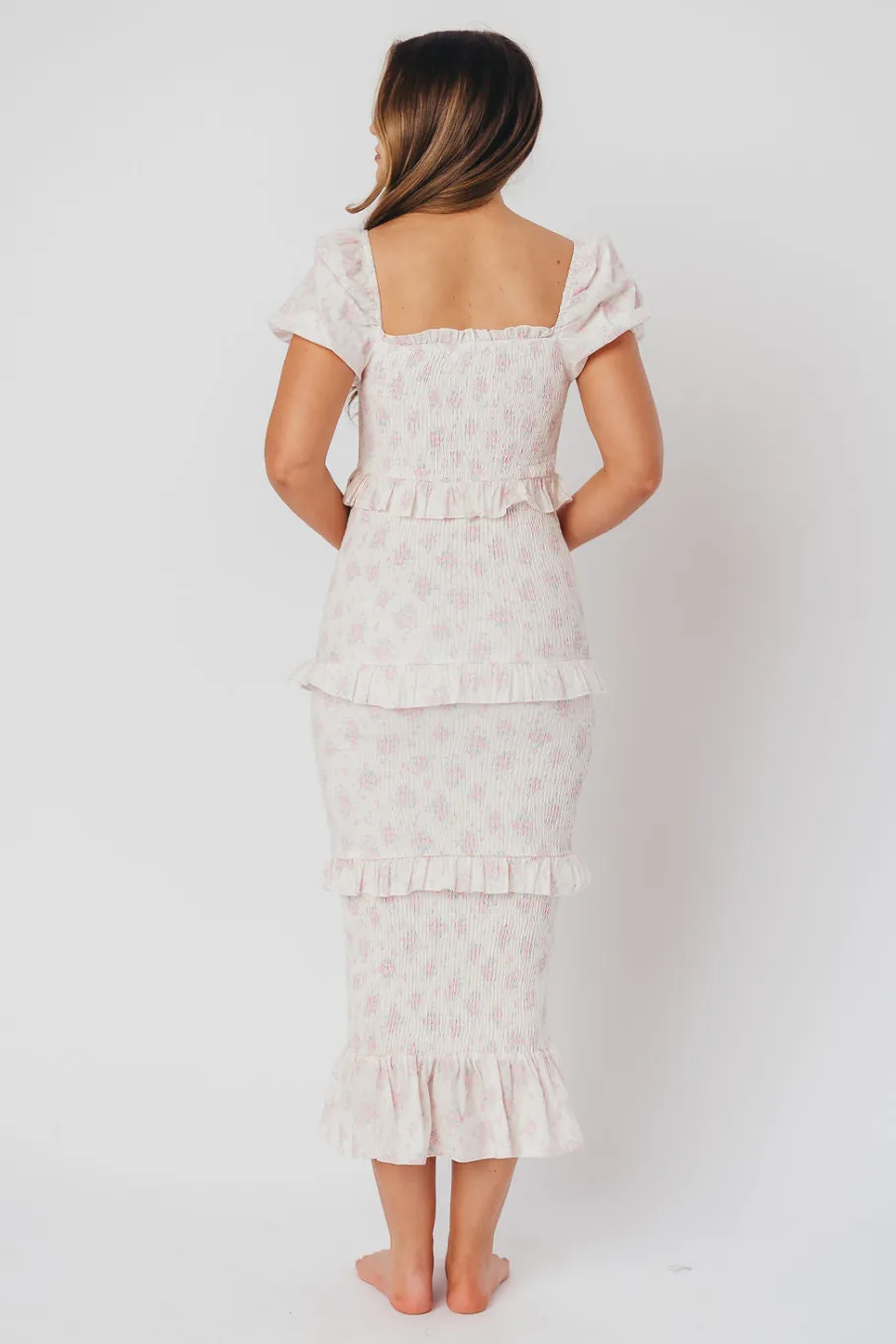 Online Worth Collective Ada Smocked Dress in Pink Floral- Bump Friendly & Inclusive Sizing (S-