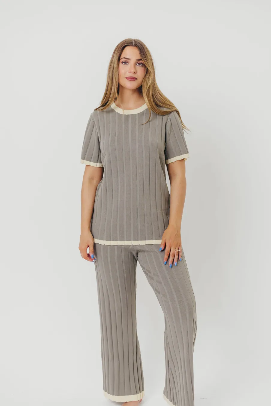 New Worth Collective Adele Ribbed Knit Top and Pants Set in Dusty Olive