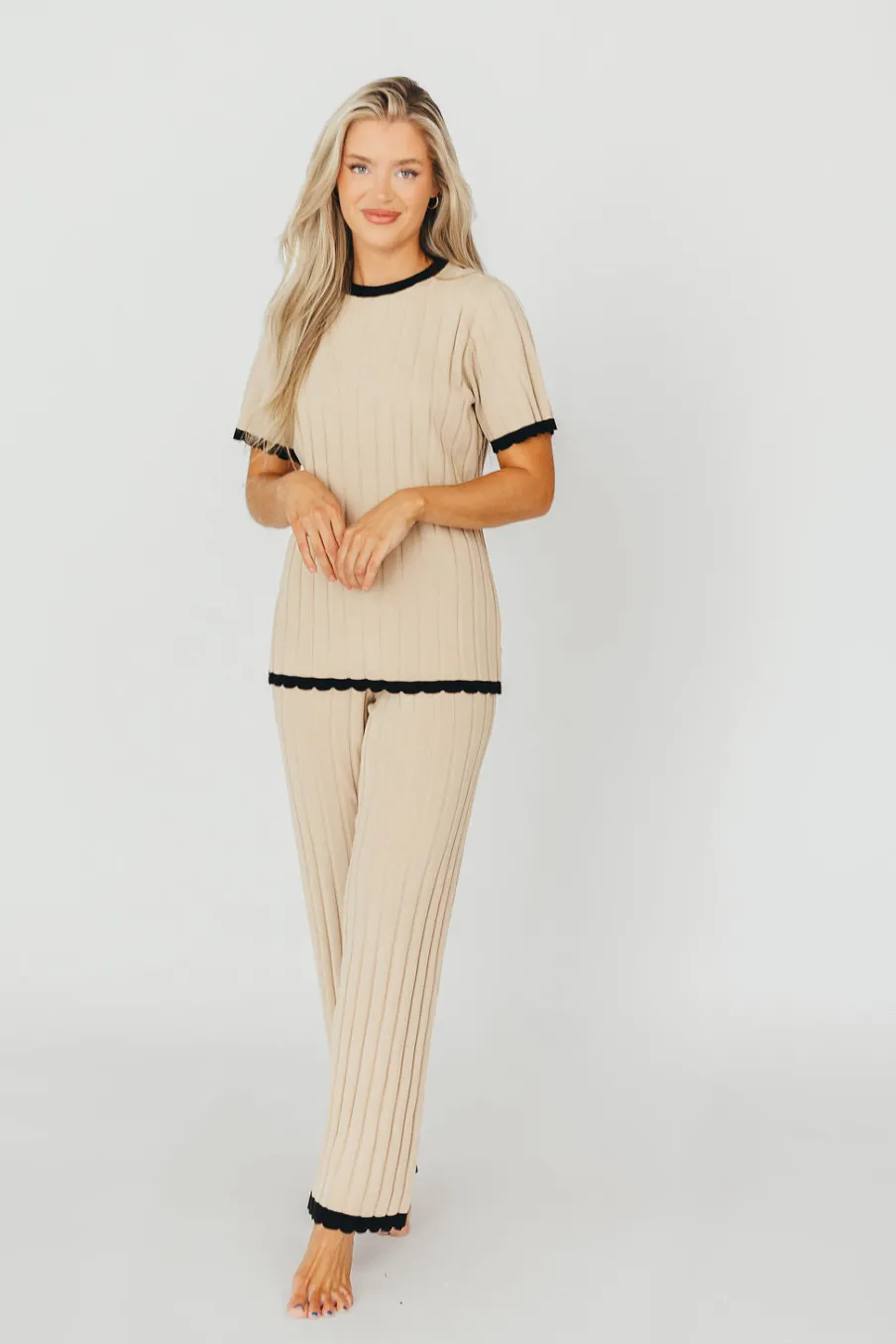 Online Worth Collective Adele Ribbed Knit Top and Pants Set in Light Taupe