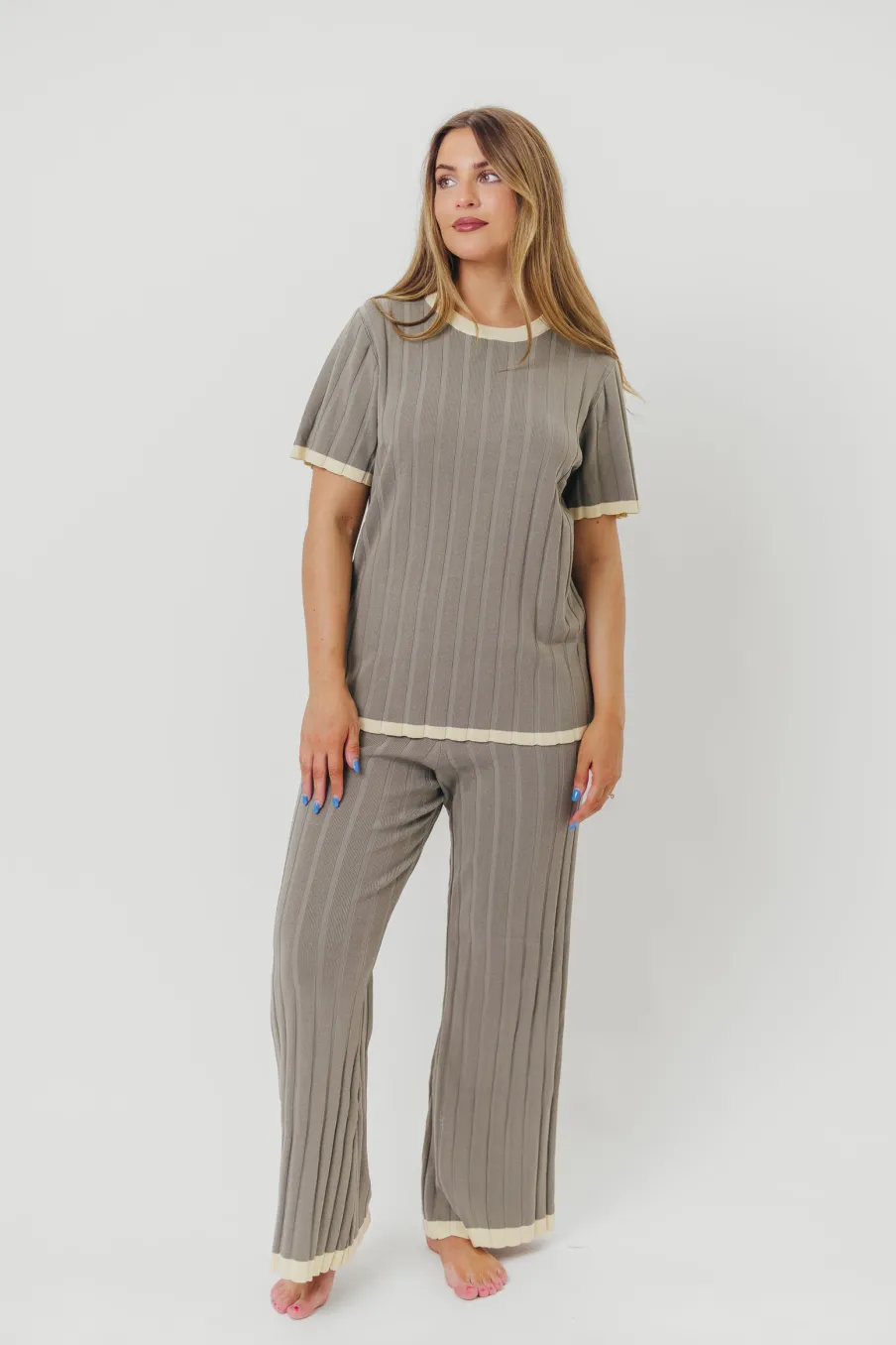 New Worth Collective Adele Ribbed Knit Top and Pants Set in Dusty Olive