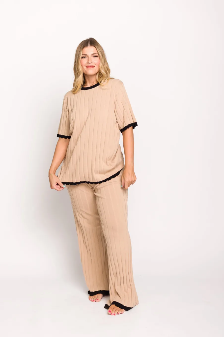 Online Worth Collective Adele Ribbed Knit Top and Pants Set in Light Taupe