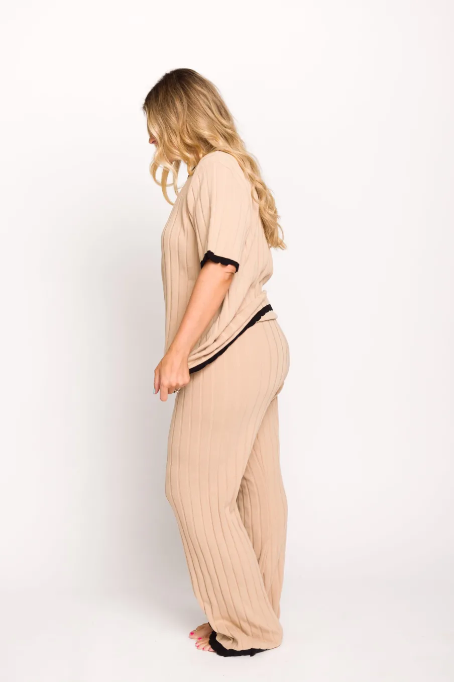 Online Worth Collective Adele Ribbed Knit Top and Pants Set in Light Taupe