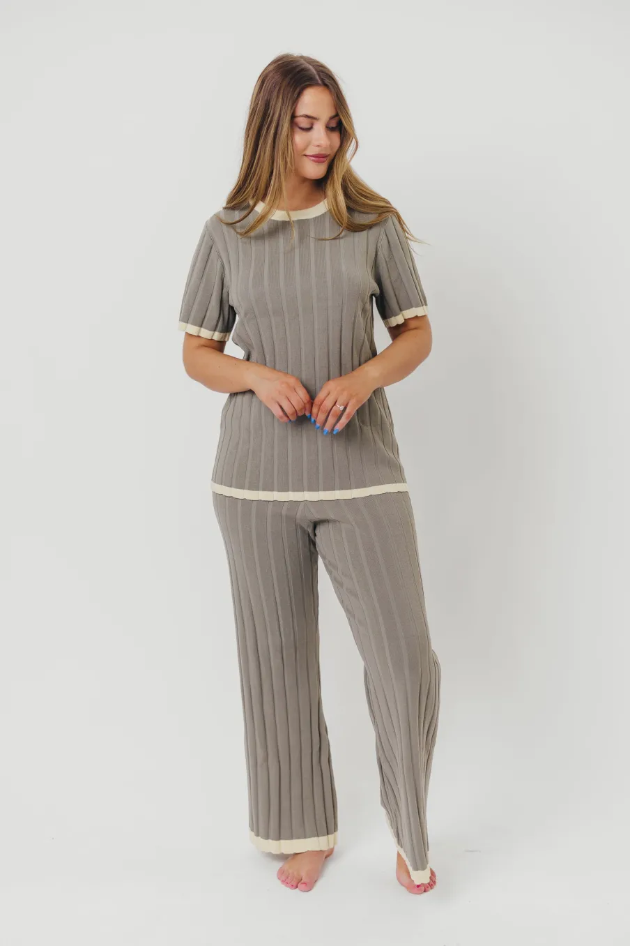 New Worth Collective Adele Ribbed Knit Top and Pants Set in Dusty Olive