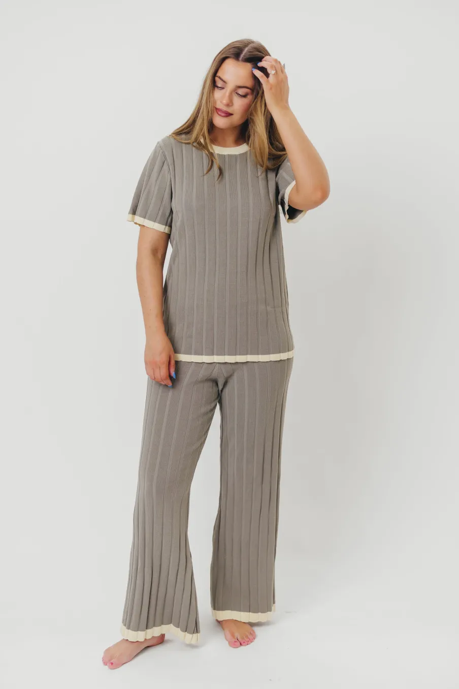 New Worth Collective Adele Ribbed Knit Top and Pants Set in Dusty Olive