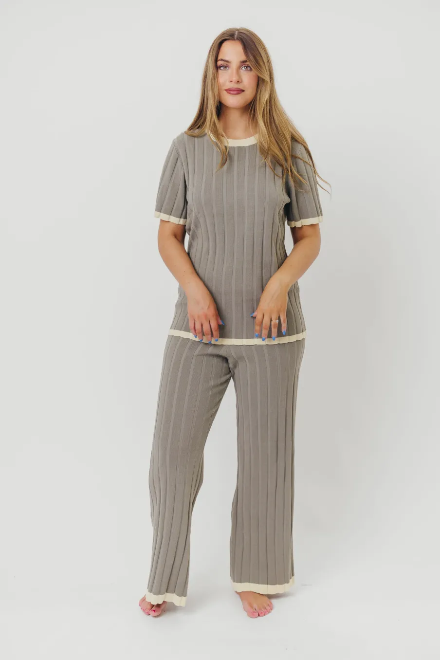 New Worth Collective Adele Ribbed Knit Top and Pants Set in Dusty Olive