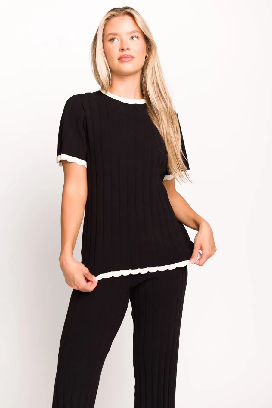 Best Worth Collective Adele Ribbed Knit Top and Pants Set in Black