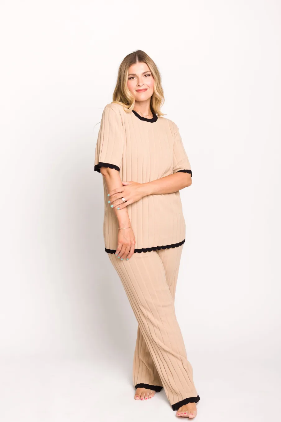 Online Worth Collective Adele Ribbed Knit Top and Pants Set in Light Taupe