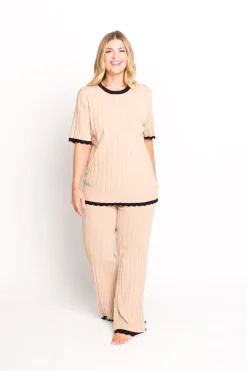 Online Worth Collective Adele Ribbed Knit Top and Pants Set in Light Taupe