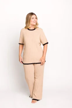 Online Worth Collective Adele Ribbed Knit Top and Pants Set in Light Taupe