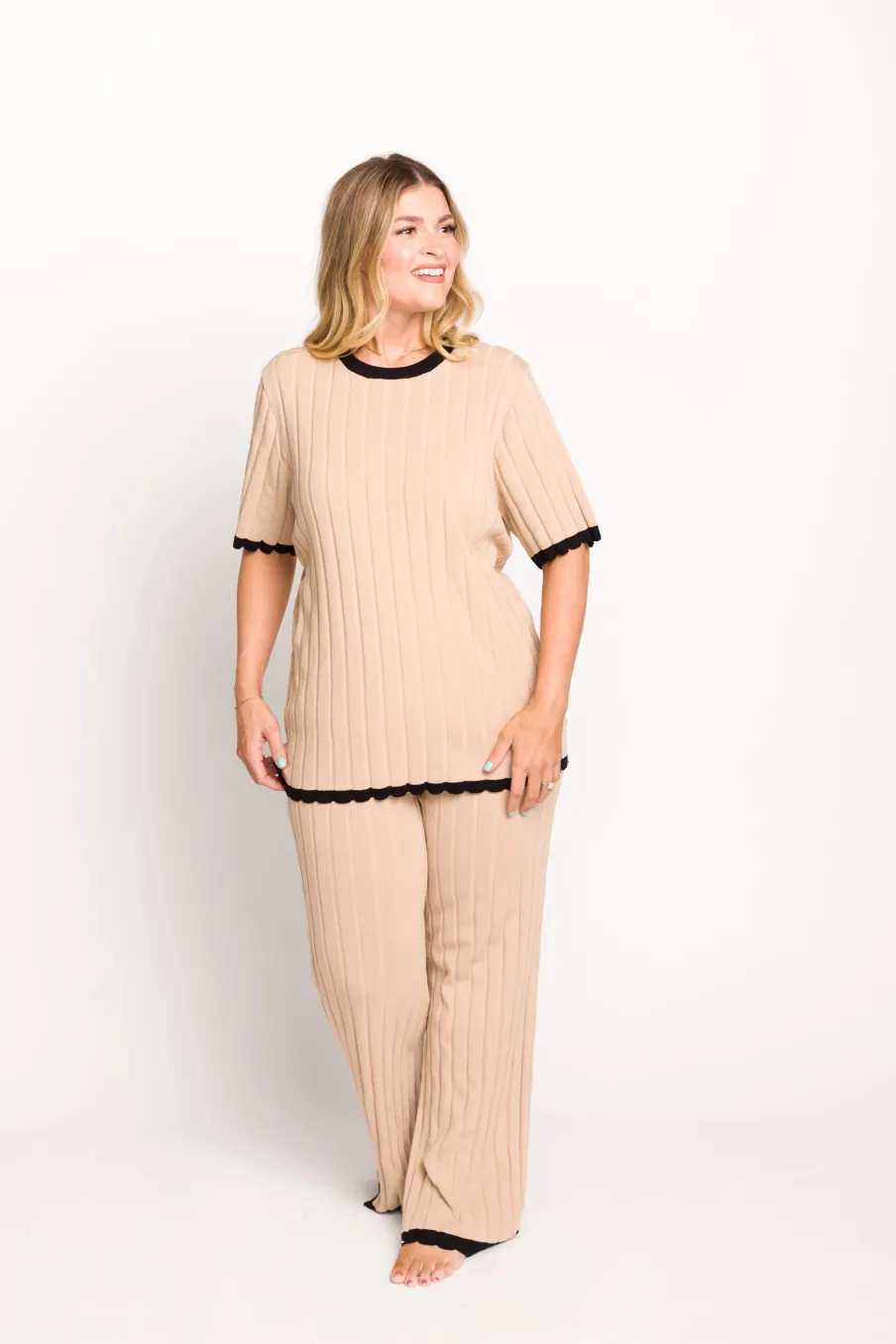 Online Worth Collective Adele Ribbed Knit Top and Pants Set in Light Taupe