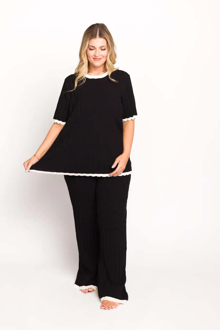 Best Worth Collective Adele Ribbed Knit Top and Pants Set in Black