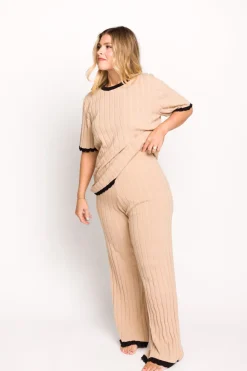 Online Worth Collective Adele Ribbed Knit Top and Pants Set in Light Taupe