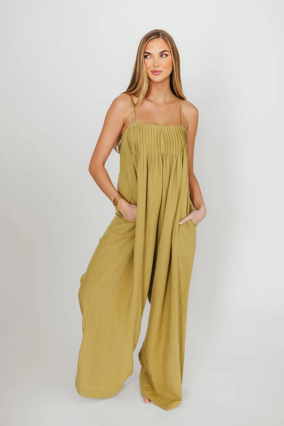 Hot Worth Collective Adeline Pleated Jumpsuit in Olive