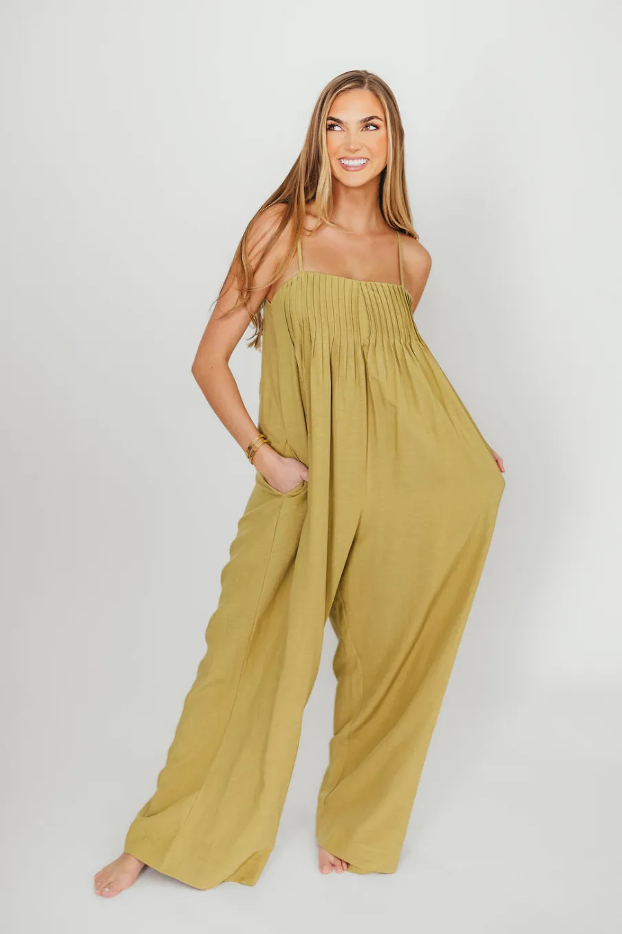 Hot Worth Collective Adeline Pleated Jumpsuit in Olive