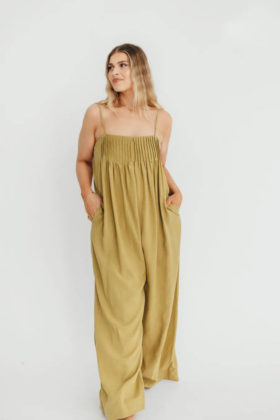 Hot Worth Collective Adeline Pleated Jumpsuit in Olive