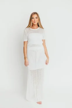 Hot Worth Collective Aidan Open Knit Top and Maxi Skirt Set in Off-White