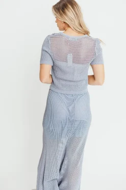 Outlet Worth Collective Aidan Open Knit Top and Maxi Skirt Set in Blue Grey