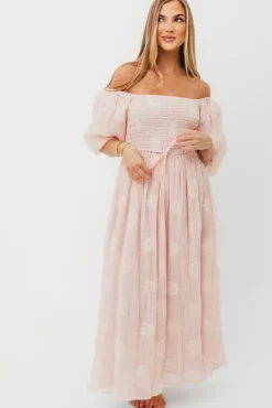 New Worth Collective Aimee Smocked Embroidered Floral Midi Dress in Blush