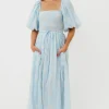 Best Worth Collective Aimee Smocked Embroidered Floral Midi Dress in Blue