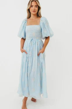 Best Worth Collective Aimee Smocked Embroidered Floral Midi Dress in Blue