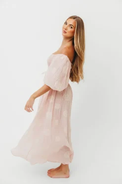 New Worth Collective Aimee Smocked Embroidered Floral Midi Dress in Blush