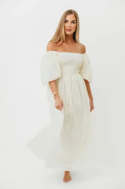 Sale Worth Collective Aimee Smocked Embroidered Floral Midi Dress in Ivory