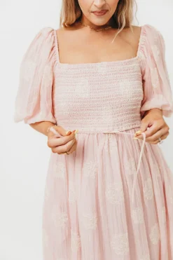 New Worth Collective Aimee Smocked Embroidered Floral Midi Dress in Blush