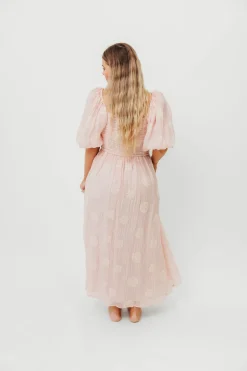 New Worth Collective Aimee Smocked Embroidered Floral Midi Dress in Blush