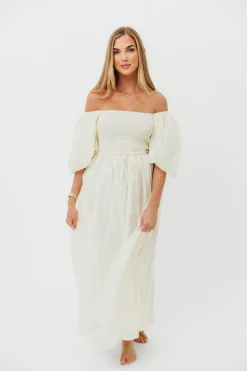 Sale Worth Collective Aimee Smocked Embroidered Floral Midi Dress in Ivory