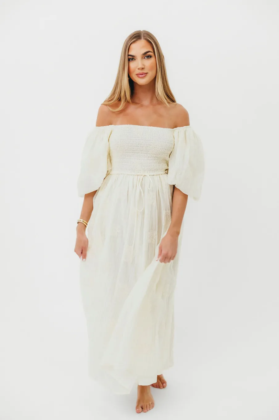 Sale Worth Collective Aimee Smocked Embroidered Floral Midi Dress in Ivory