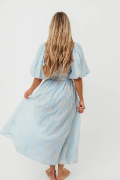 Best Worth Collective Aimee Smocked Embroidered Floral Midi Dress in Blue