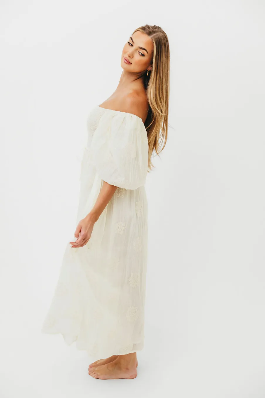 Sale Worth Collective Aimee Smocked Embroidered Floral Midi Dress in Ivory
