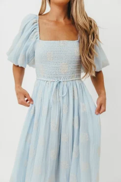 Best Worth Collective Aimee Smocked Embroidered Floral Midi Dress in Blue