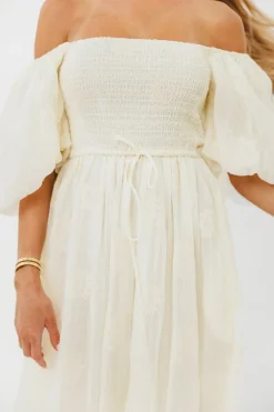 Sale Worth Collective Aimee Smocked Embroidered Floral Midi Dress in Ivory